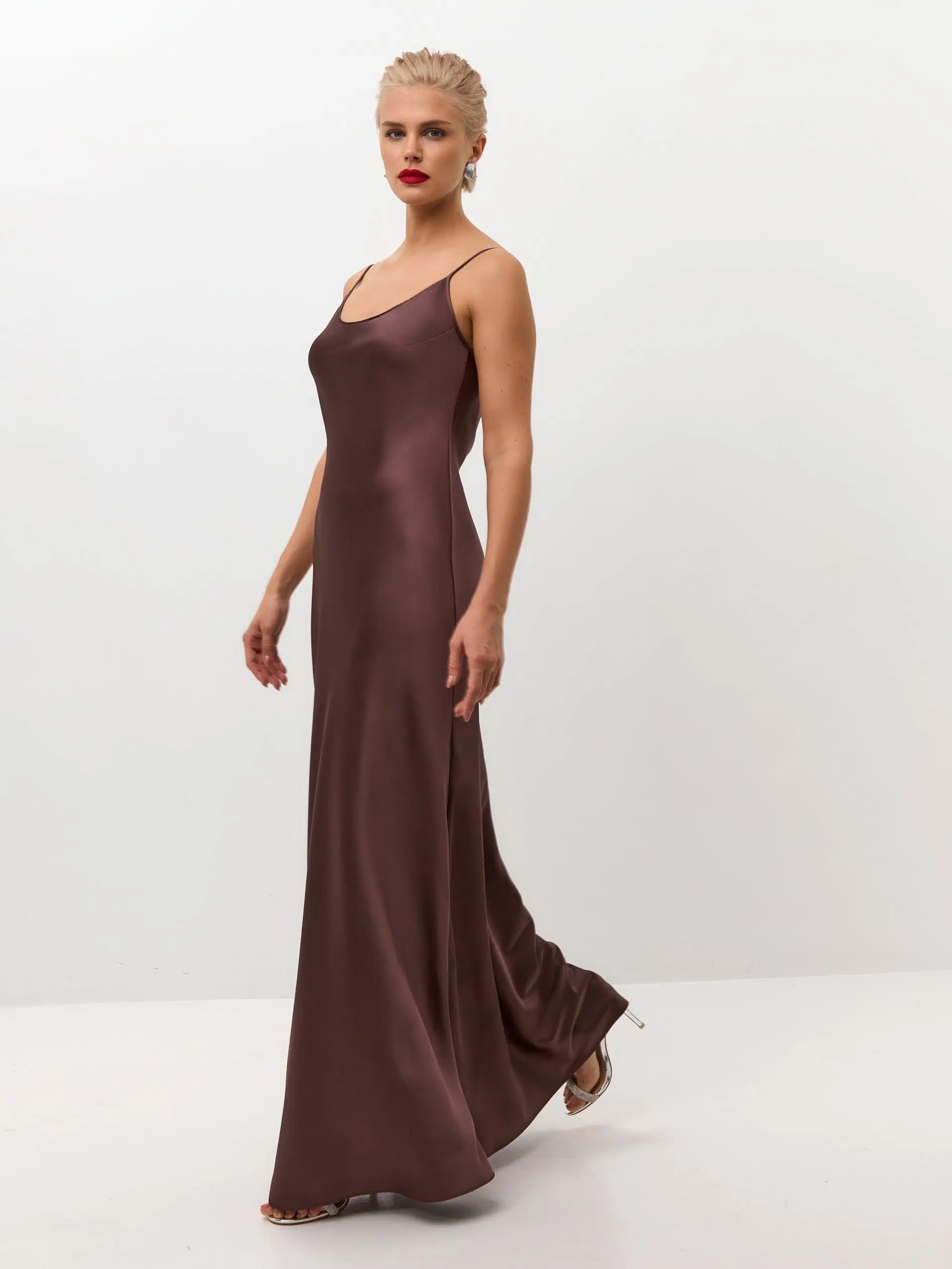 Chocolate brown maxi satin slip dress 'Serene' Serena Silueta Chocolate brown maxi satin slip dress 'Serene' Serena Silueta