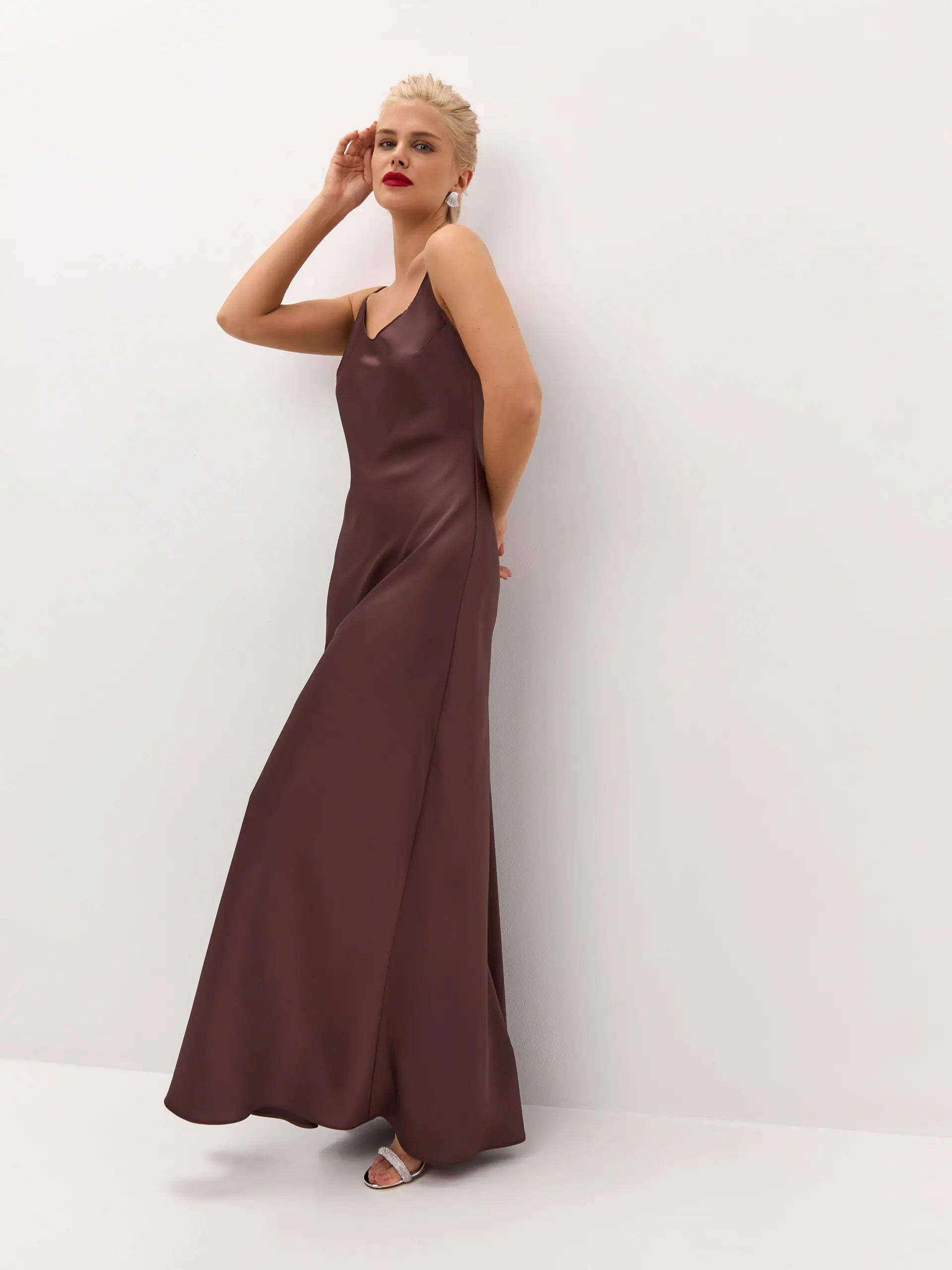 brown maxi slip dress Chocolate satin 'Serene' Black tie optional rustic satin gown XS/34/US4 Beige Shoes Red Dress Color:Burgundy Multi