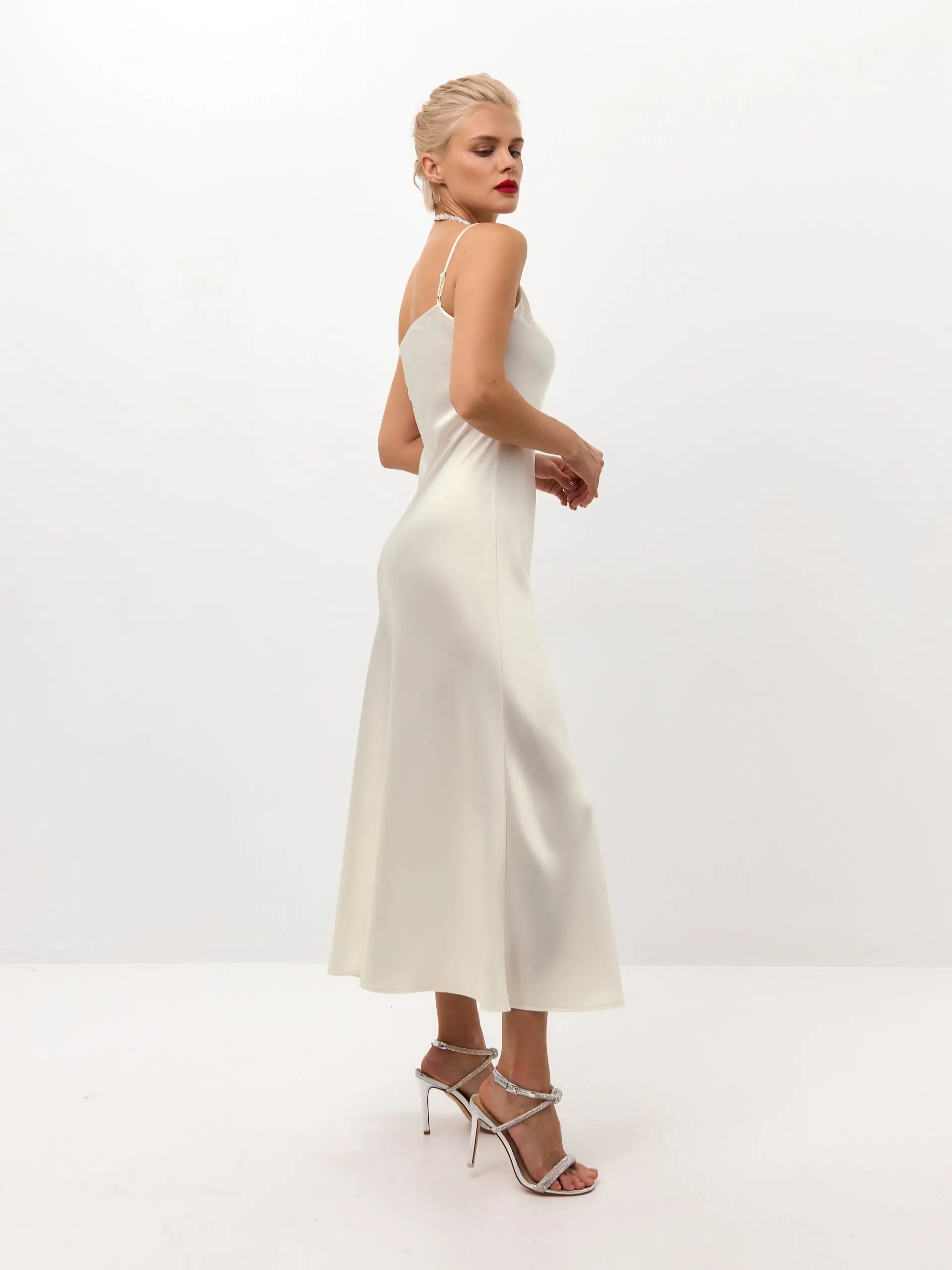 white silk midi slip dress Creamy white midi satin slip dress 'Majestic'