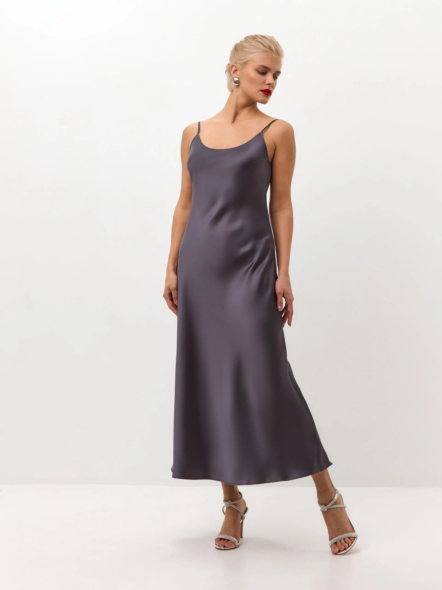 Graphite Gray midi satin slip dress ’Majestic’