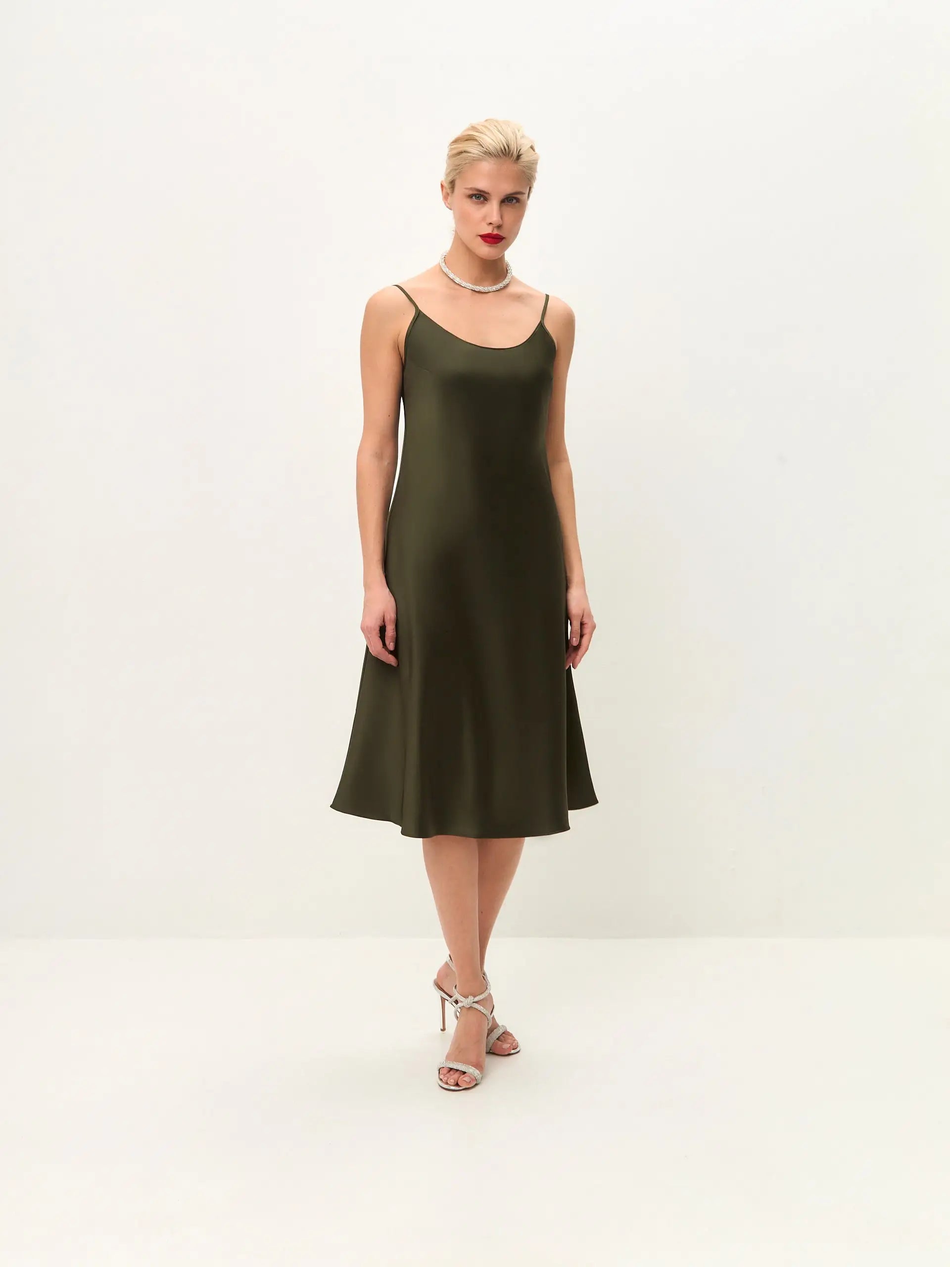 knee length slip dress Olive below the knee satin slip dress 'Grace'