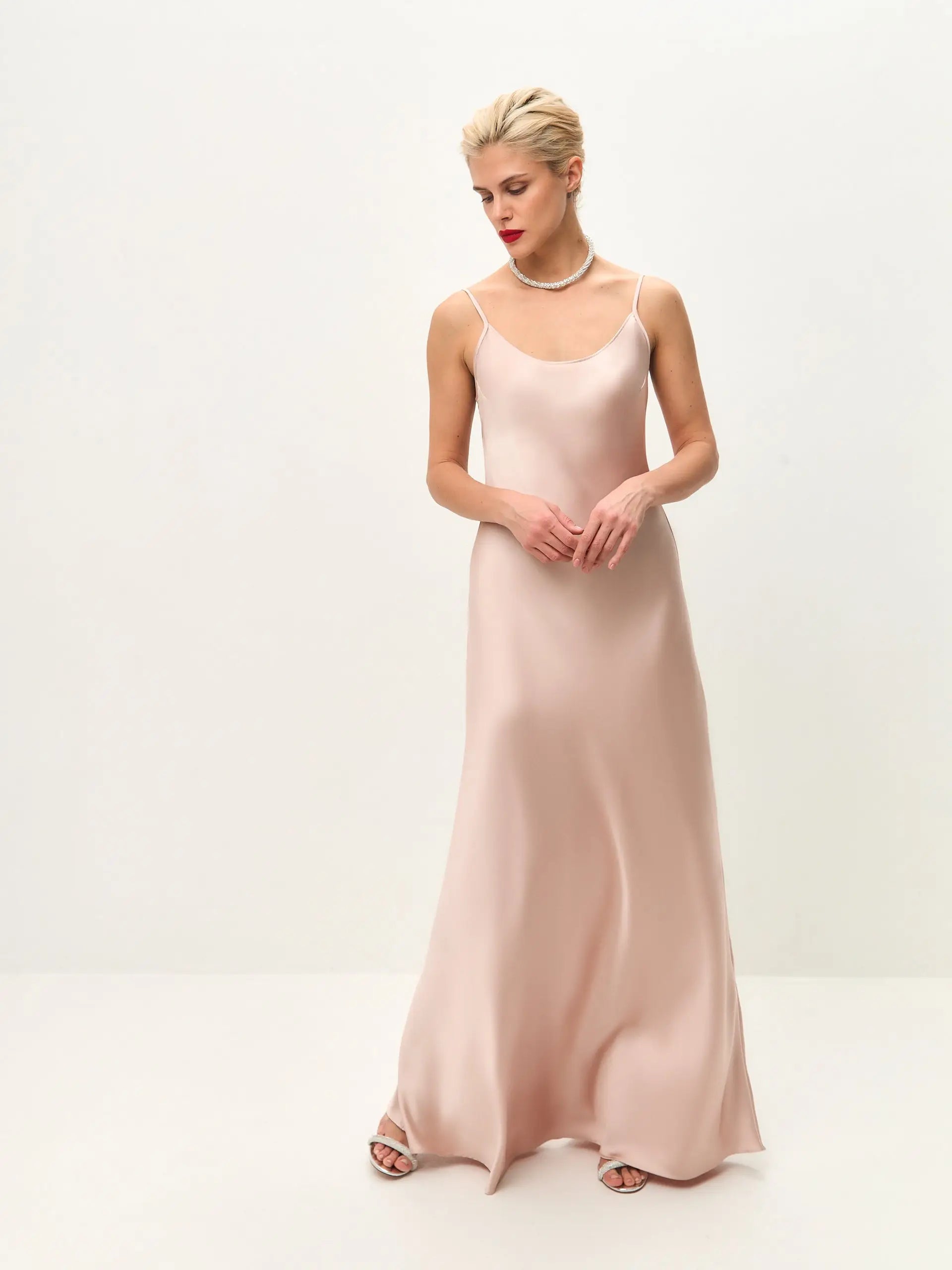 light pink slip dress Powder pink maxi satin slip dress 'Serene'