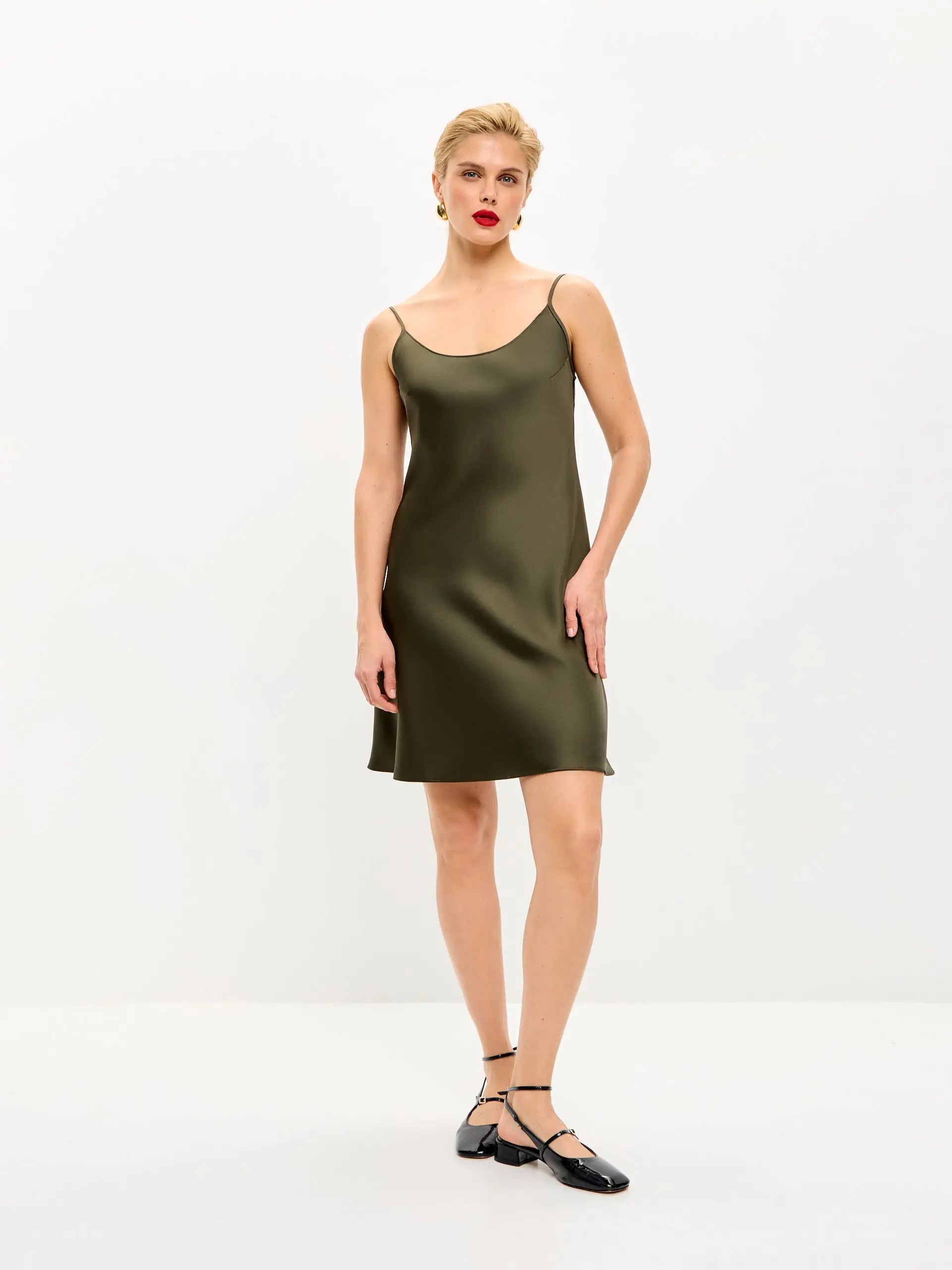 Olive mini satin slip dress 'Pure'