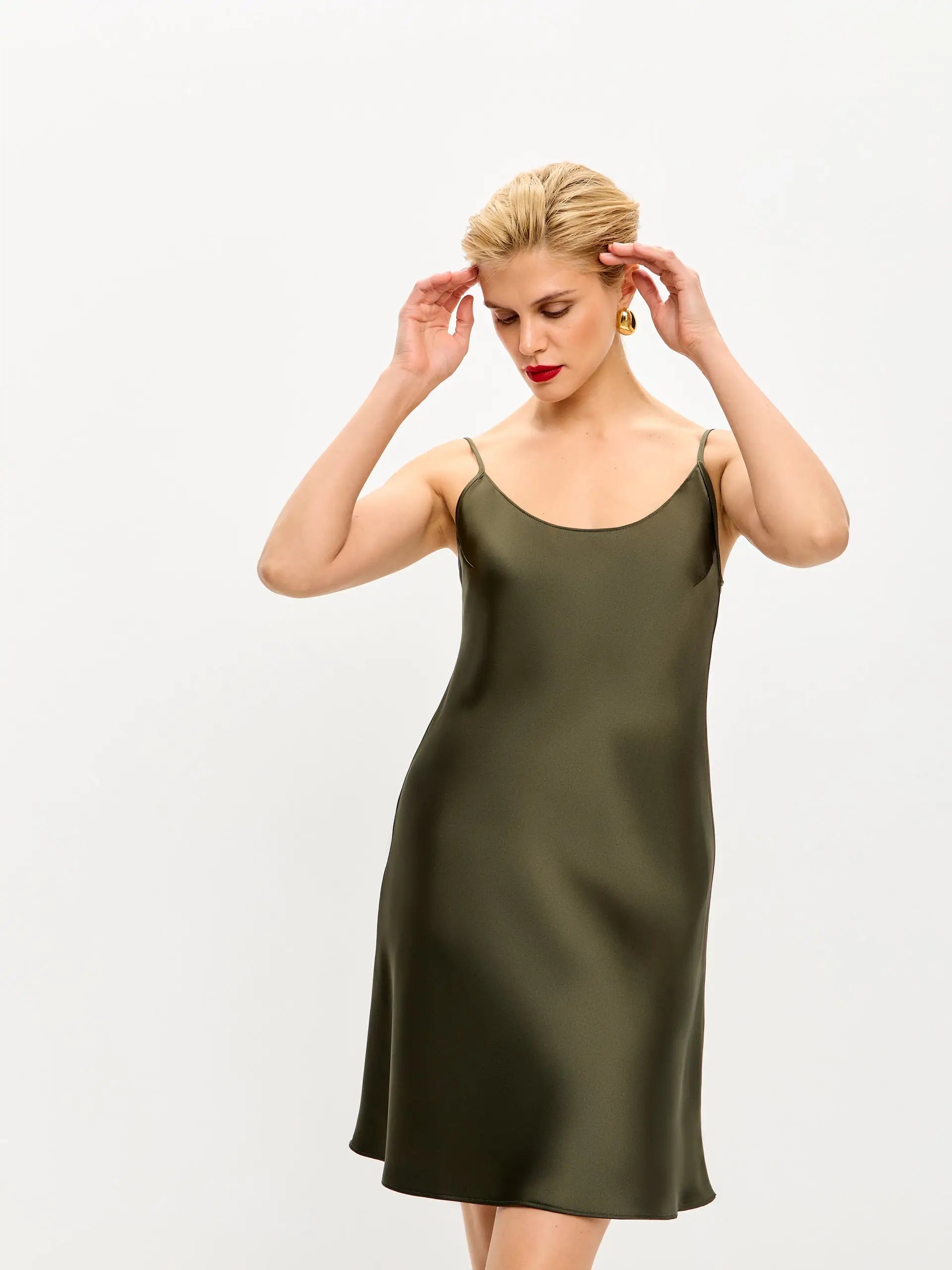 Olive mini satin slip dress 'Pure'
