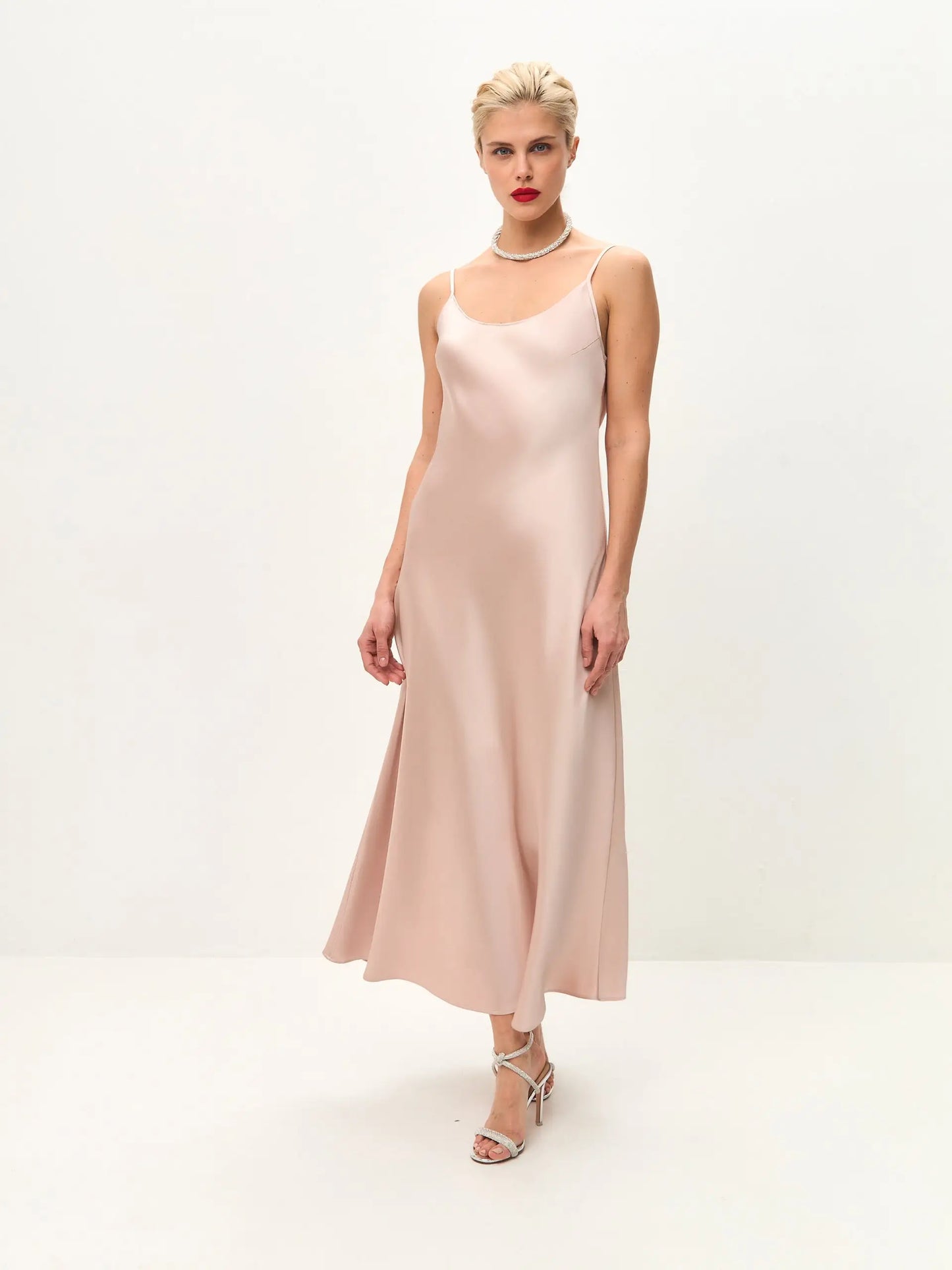 Soft pink midi satin slip dress ’Majestic’ - XS
