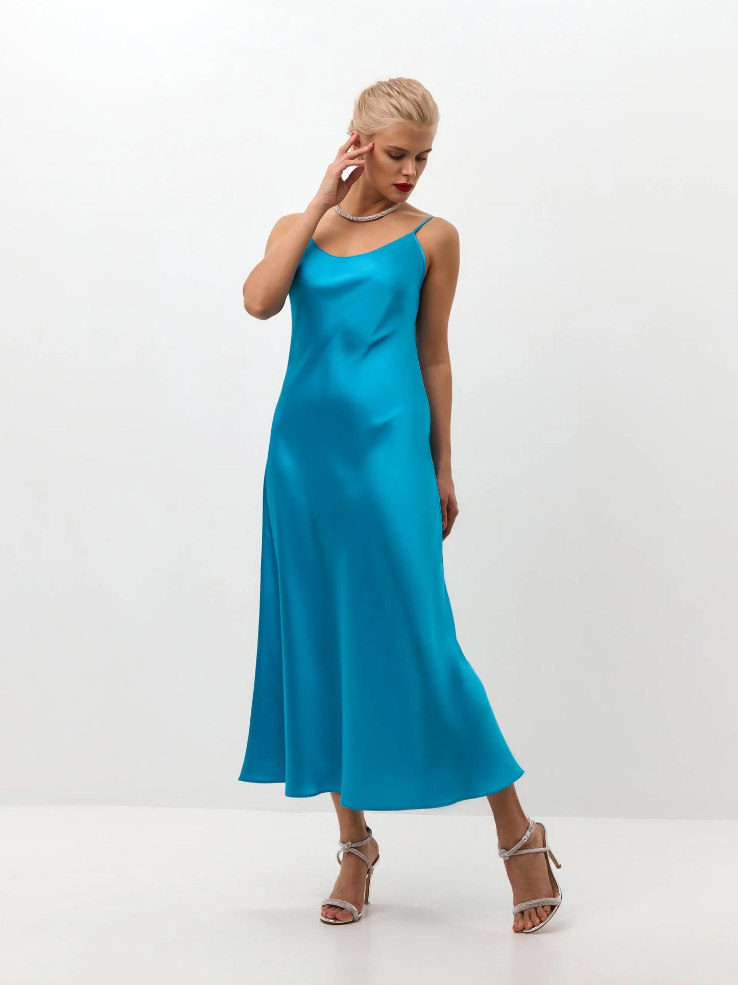 Turquoise blue midi satin slip dress ’Majestic’