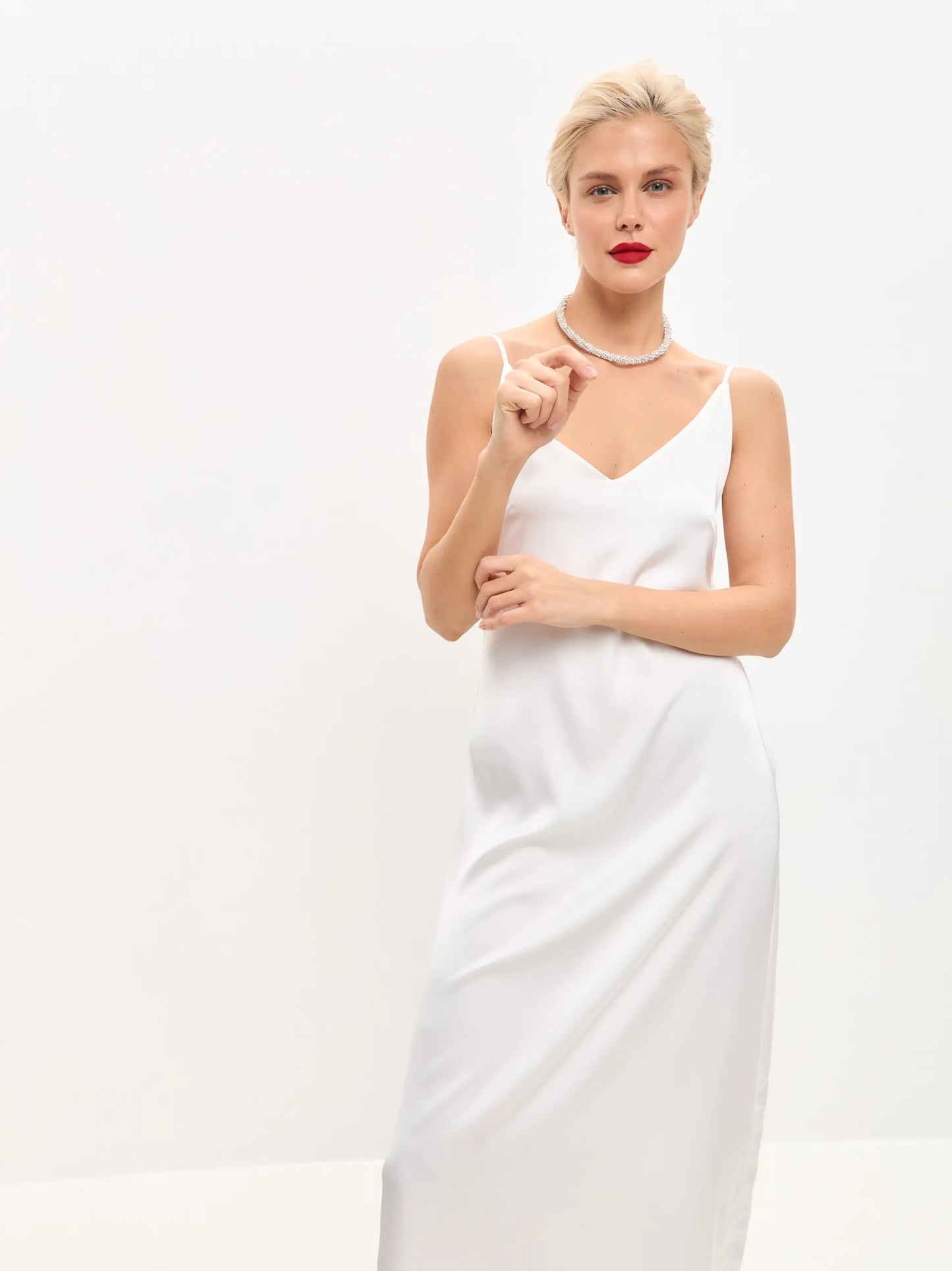 White midi double-layered satin slip dress with V-neck ’Orchidea’