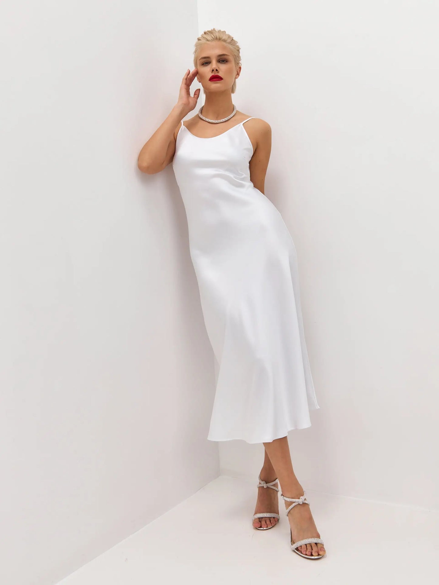 White midi satin slip dress ’Majestic’