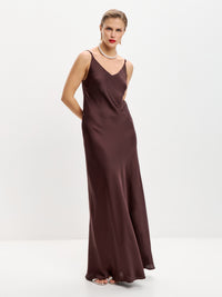 Chocolate brown maxi double-layered satin slip dress with V-neck 'Marigold'