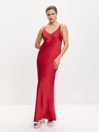 Magenta maxi double-layered satin slip dress with V-neck 'Marigold'