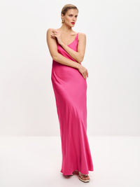 Fuchsia maxi double-layered satin slip dress with V-neck 'Marigold'