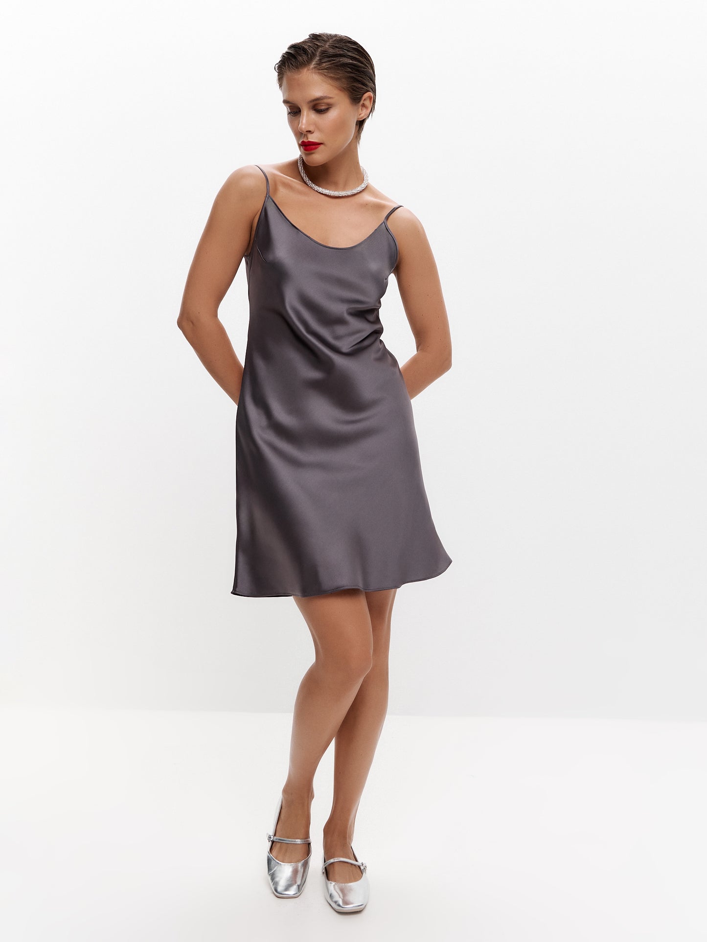 Grey Satin Slip Dresses | Serena Silueta Silver & Graphite Elegance Grey Satin Slip Dresses | Serena Silueta Silver & Graphite Elegance