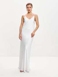 White maxi double-layered satin slip dress with V-neck 'Marigold'