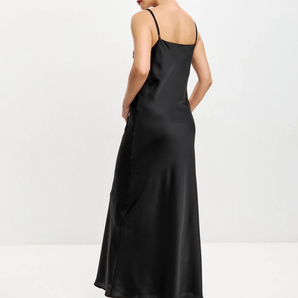 
                  
                    Black maxi double-layered satin slip dress with V-neck ’Marigold’
                  
                