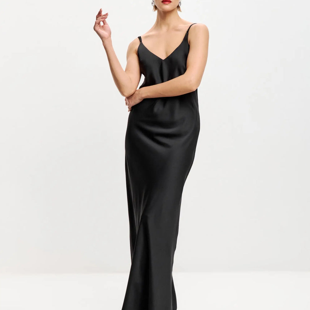 
                  
                    Black maxi double-layered satin slip dress with V-neck ’Marigold’
                  
                