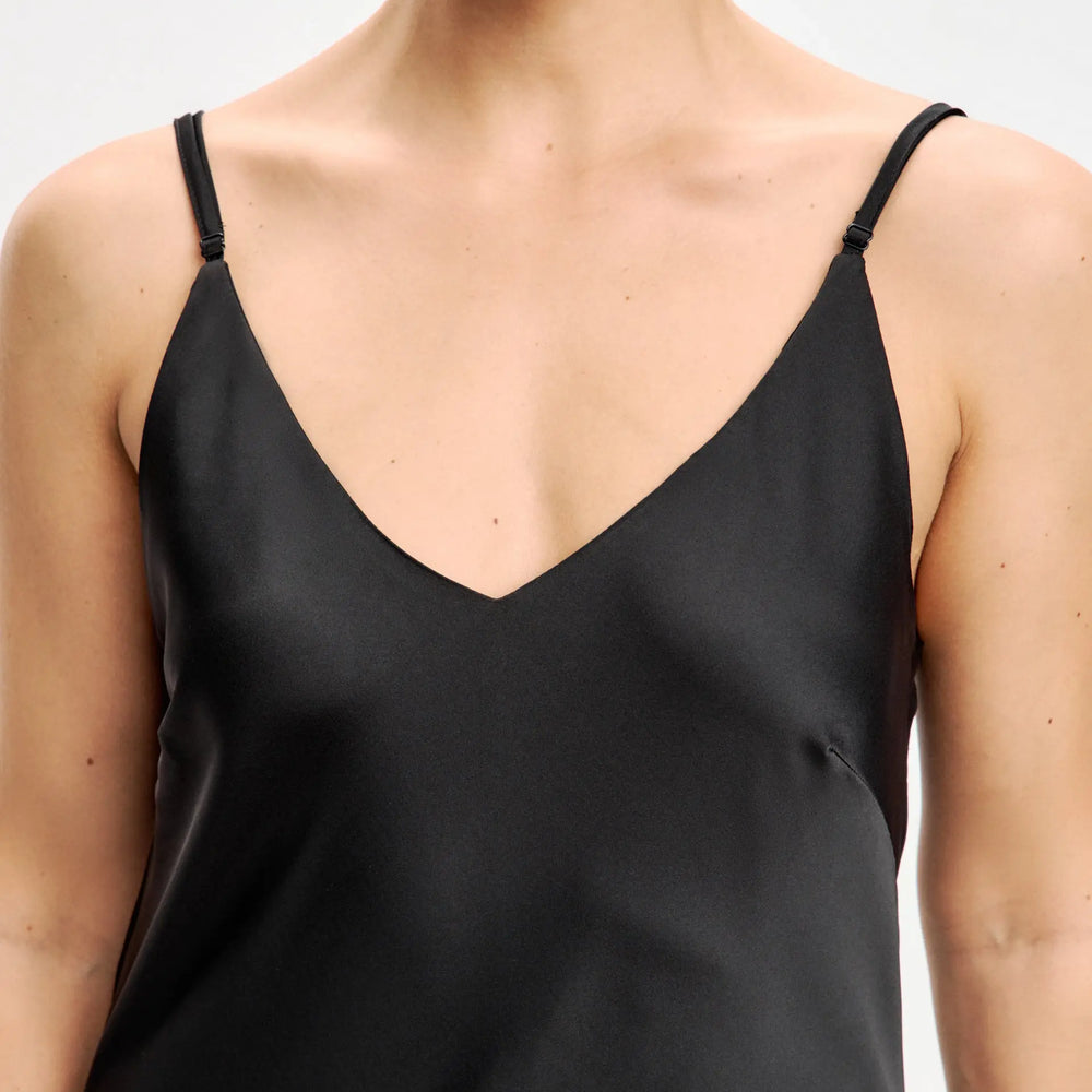 
                  
                    Black maxi double-layered satin slip dress with V-neck ’Marigold’
                  
                