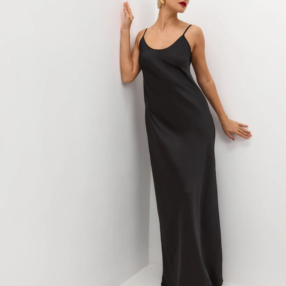 
                  
                    Black maxi satin slip dress ’Serene’
                  
                