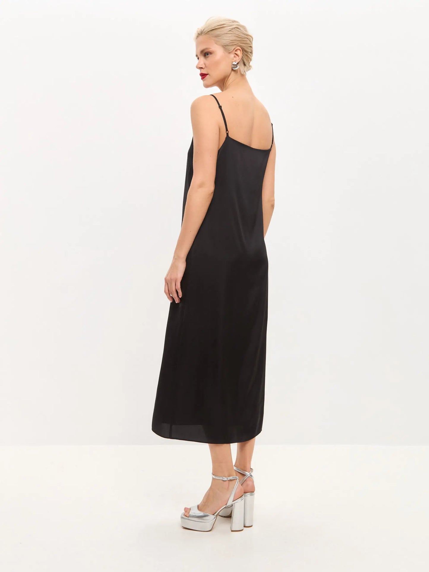 black slip dresses Black midi double-layered satin slip dress with V-neck – Serena Silueta