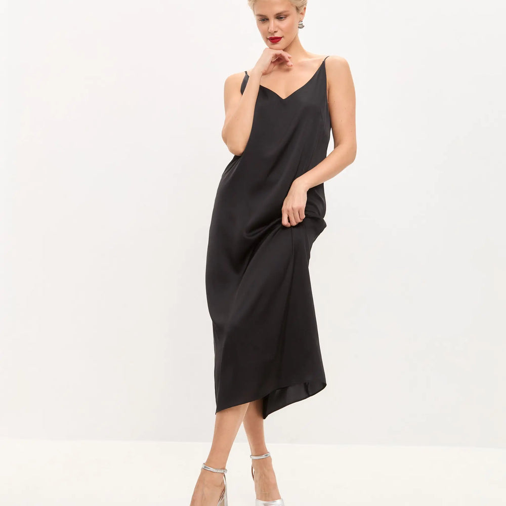 Black midi double-layered satin slip dress with V-neck Serena Silueta Black midi double-layered satin slip dress with V-neck Serena Silueta
