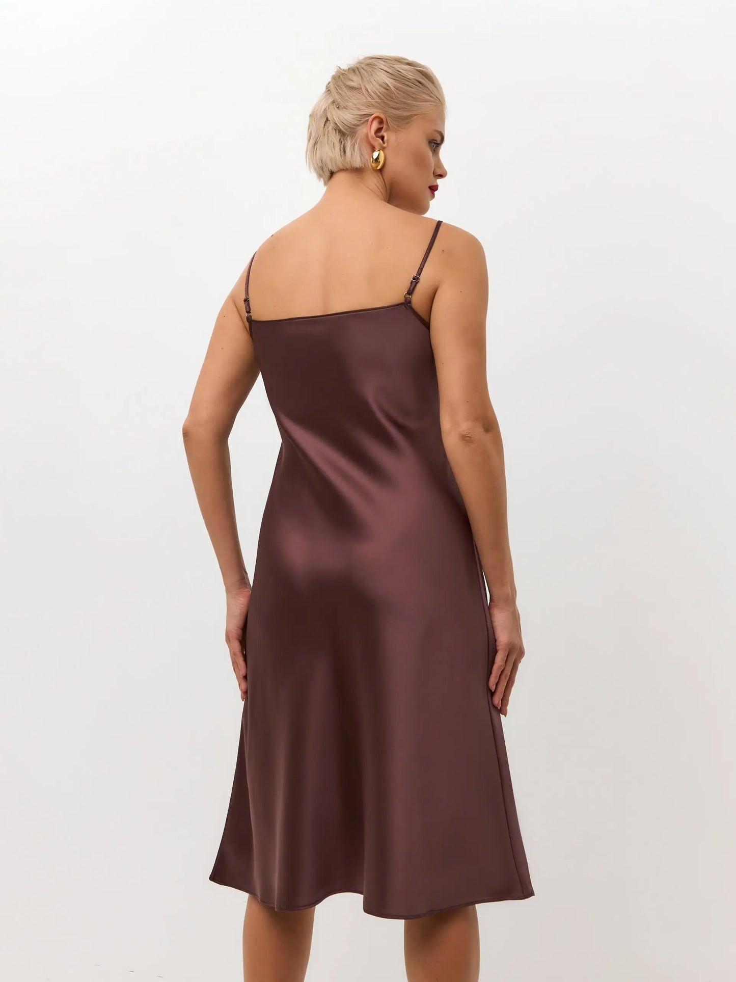 Chocolate brown below the knee satin slip dress Serena Silueta Chocolate brown below the knee satin slip dress Serena Silueta