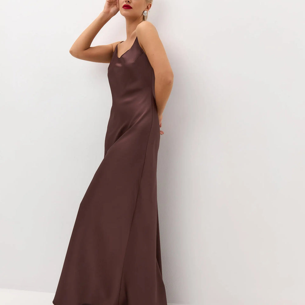 Chocolate brown maxi satin slip dress 'Serene' Serena Silueta Chocolate brown maxi satin slip dress 'Serene' Serena Silueta