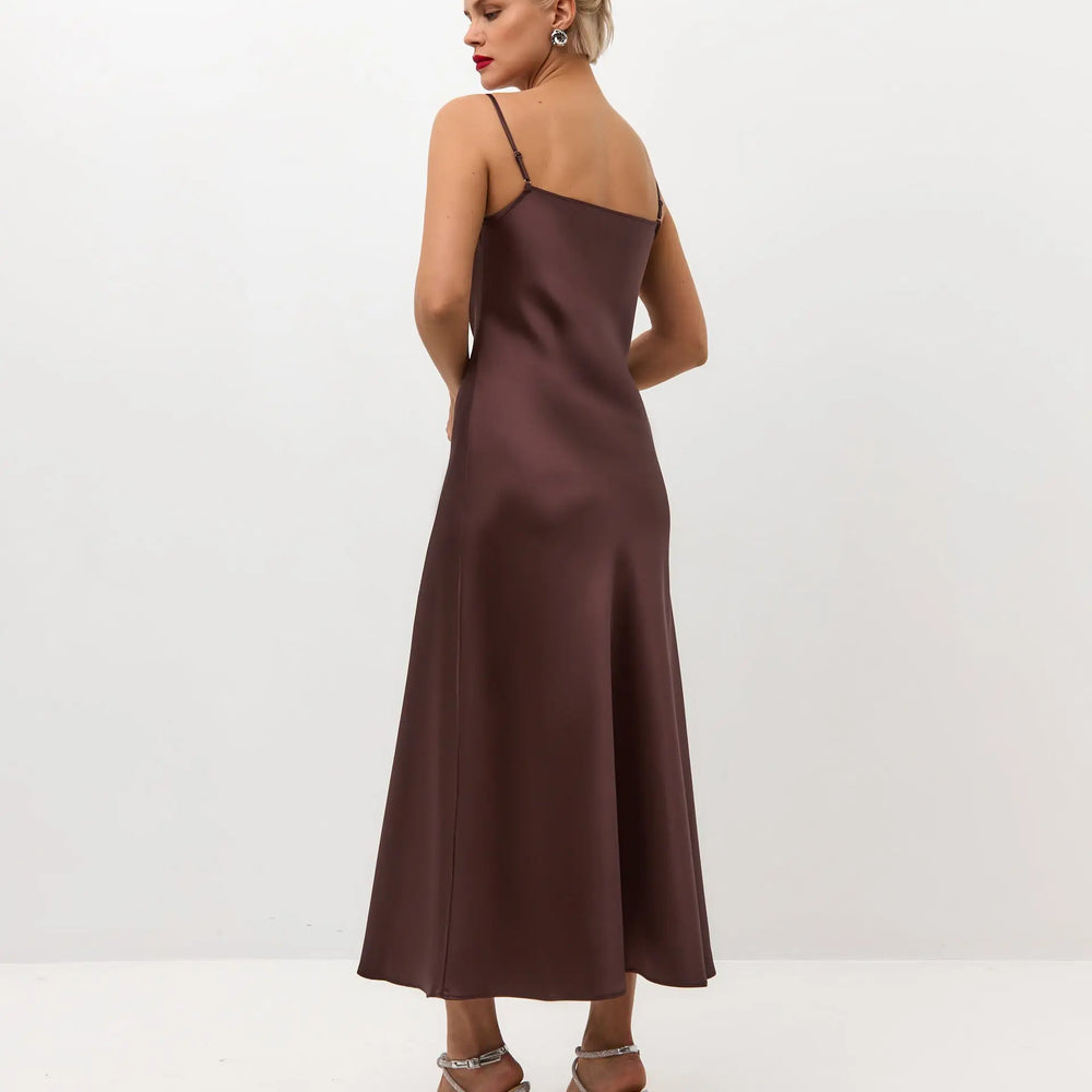 Chocolate brown midi satin slip dress 'Majestic' Serena Silueta Chocolate brown midi satin slip dress 'Majestic' Serena Silueta