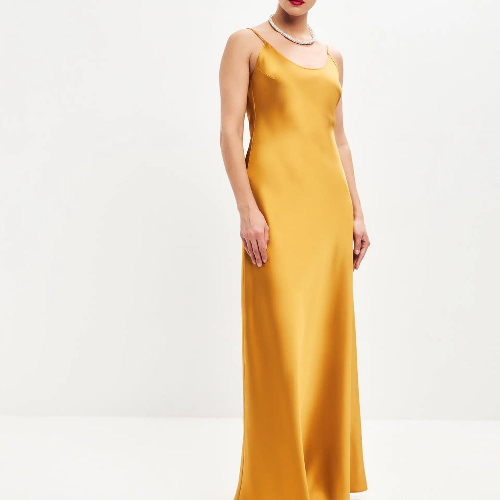 Dark gold maxi satin slip dress ’Serene’ - XS