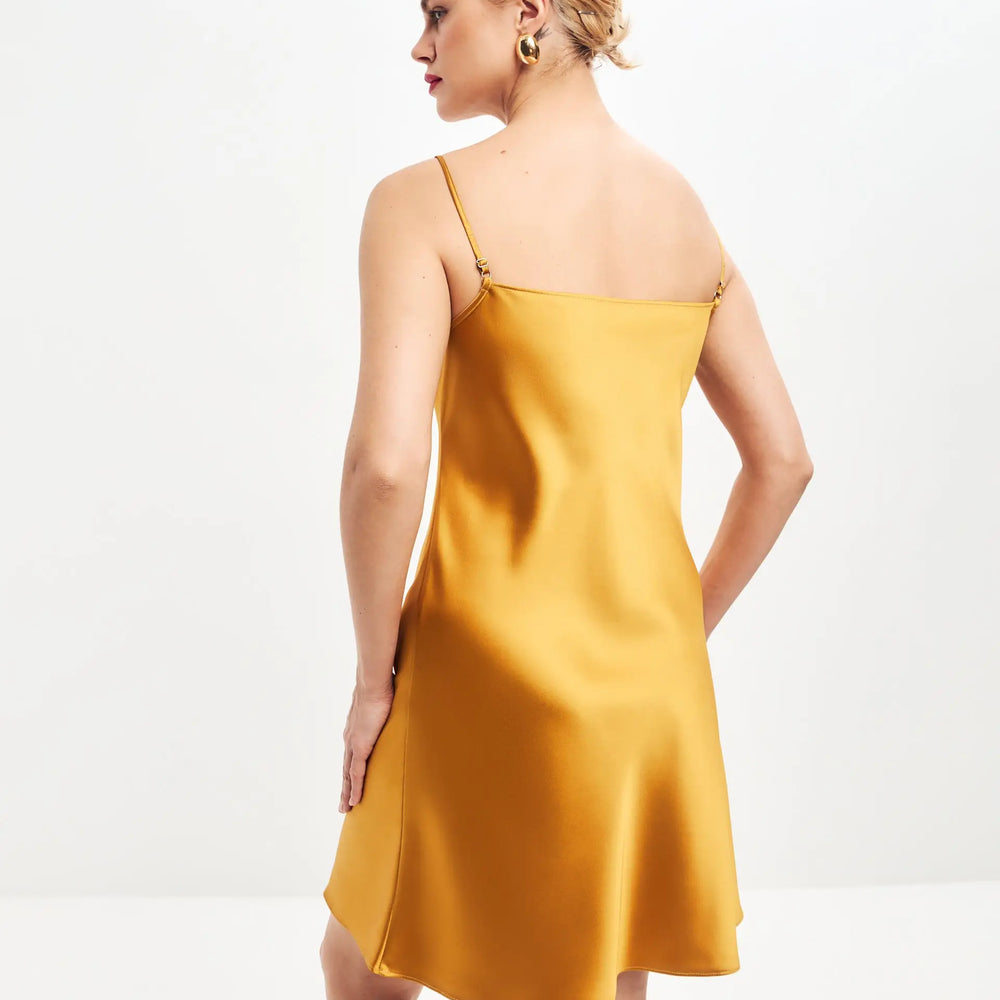 
                  
                    Dark gold mini satin slip dress ’Pure’
                  
                