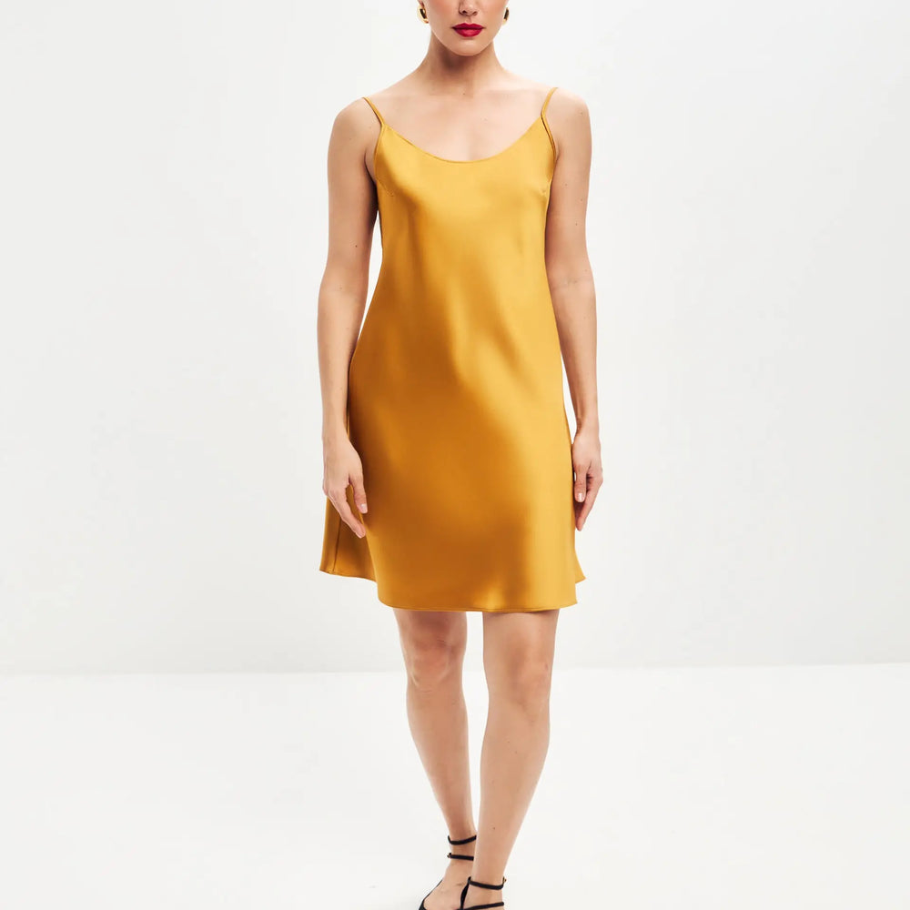 
                  
                    Dark gold mini satin slip dress ’Pure’ - XS
                  
                