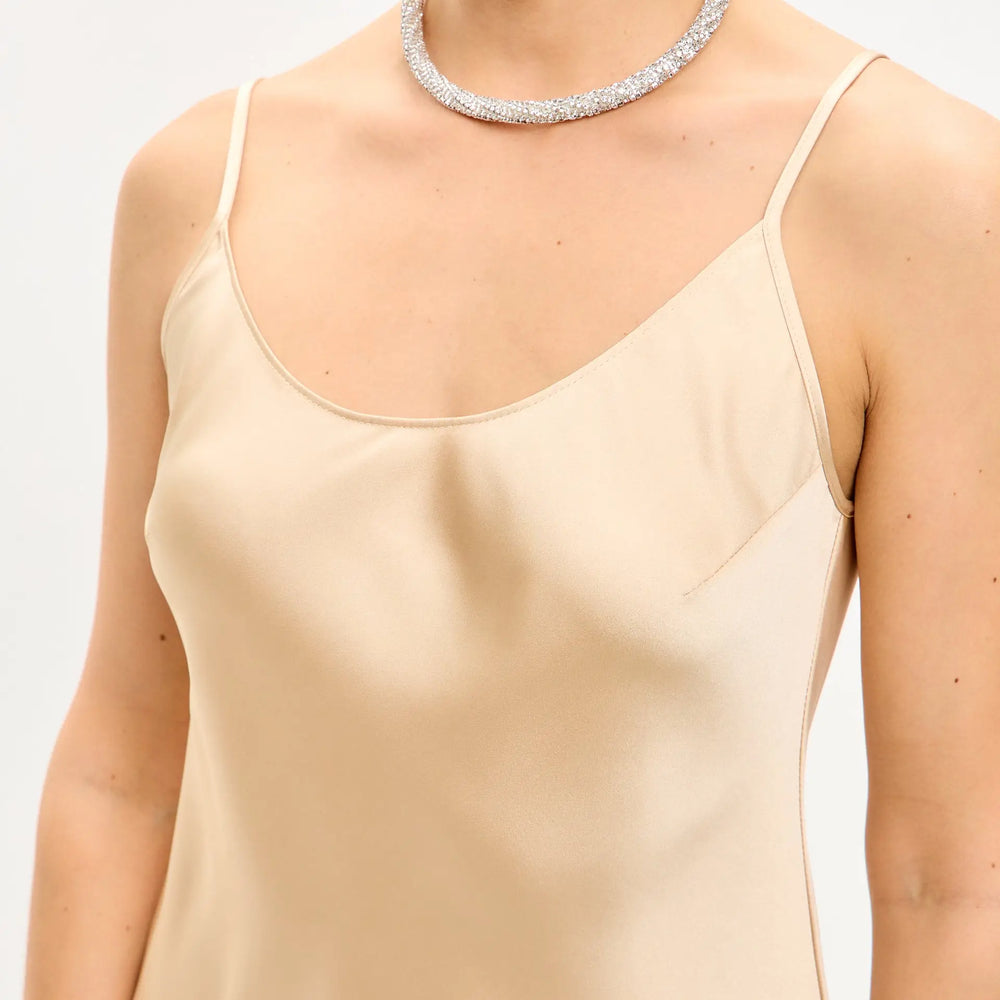 
                  
                    Gold mini satin slip dress ’Pure’
                  
                