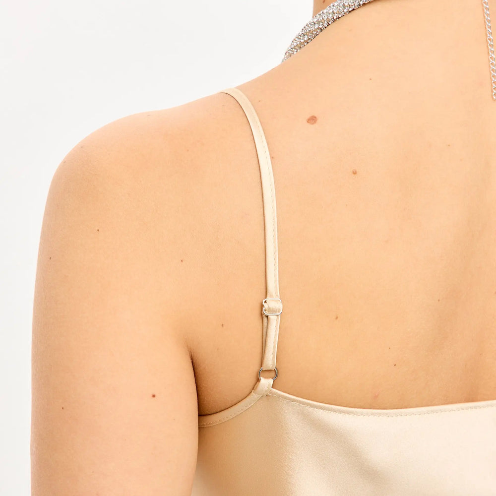 
                  
                    Gold mini satin slip dress ’Pure’
                  
                