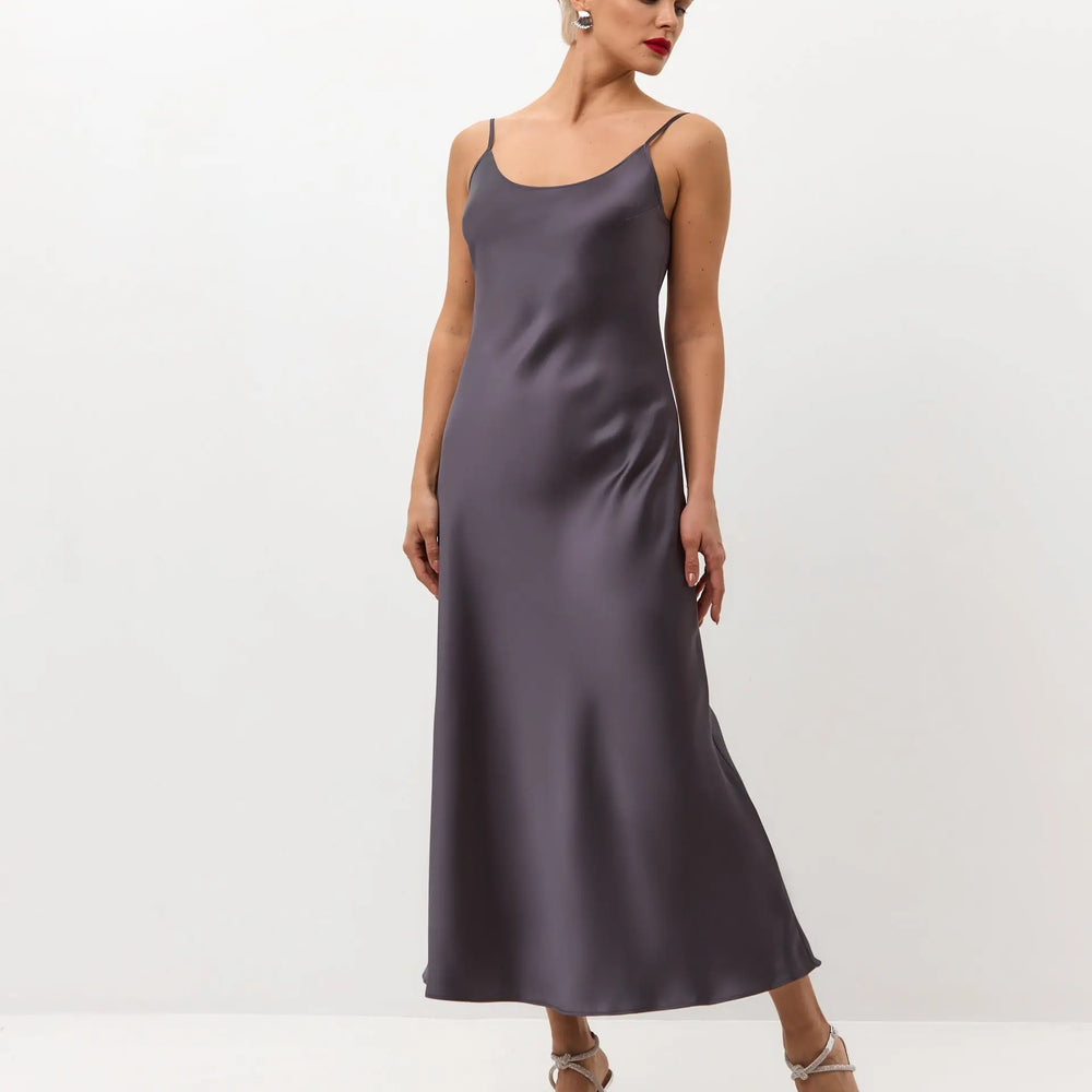 Grey Satin Slip Dresses | Serena Silueta Silver & Graphite Elegance Grey Satin Slip Dresses | Serena Silueta Silver & Graphite Elegance