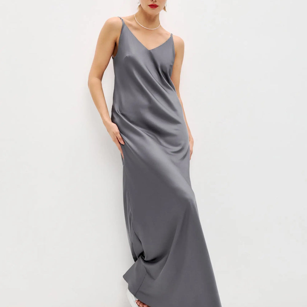 Graphite maxi double-layered satin slip dress with V-neck ’Marigold’