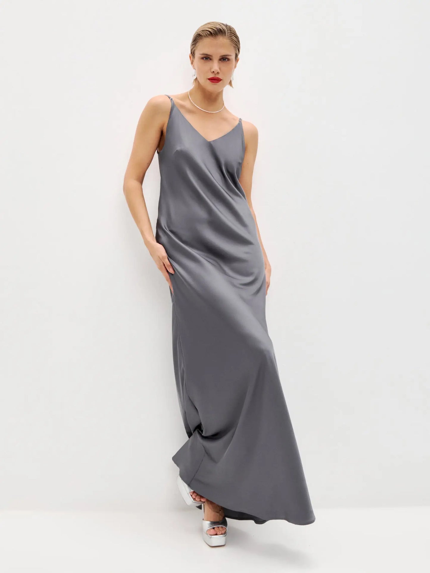 Graphite maxi double-layered satin slip dress with V-neck ’Marigold’