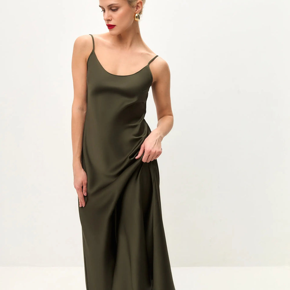 olive green satin slip dress ASOS DESIGN satin cami slip midi dress with picot trim neckline in olive green