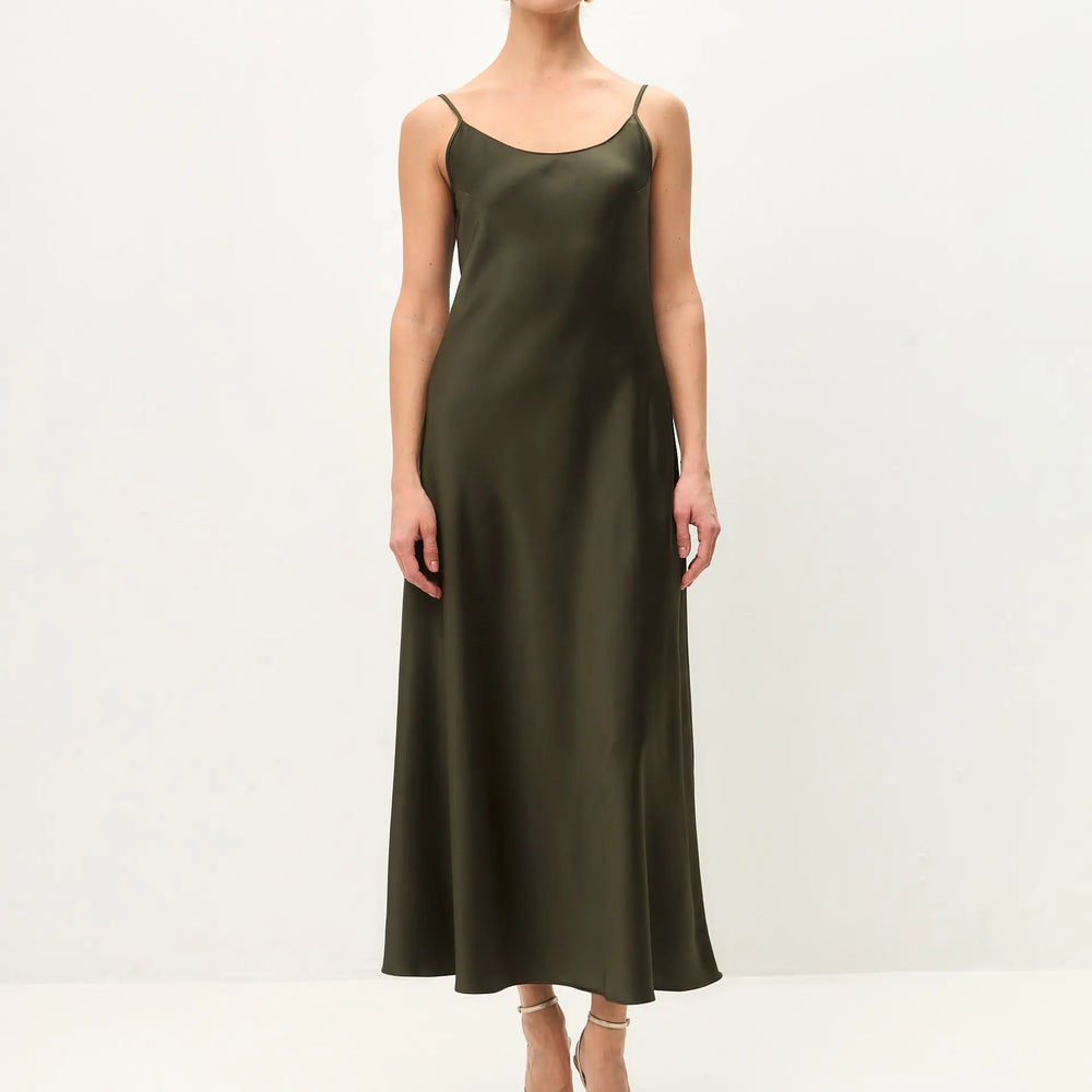 olive green midi slip dress Nairi Satin Slip Midi Dress Olive