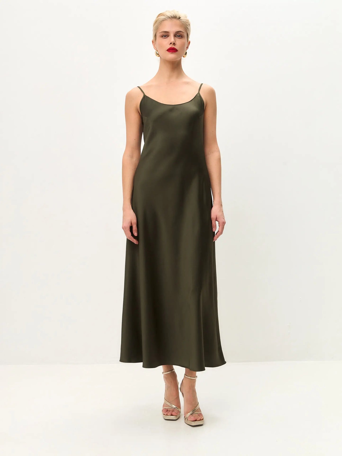 Olive midi satin slip dress 'Majestic' - Serena Silueta Olive midi satin slip dress 'Majestic' - Serena Silueta