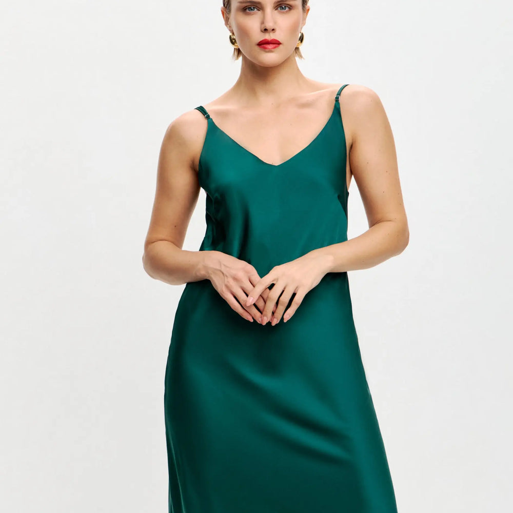 Malachite maxi double-layered satin slip dress with V-neck ’Marigold’