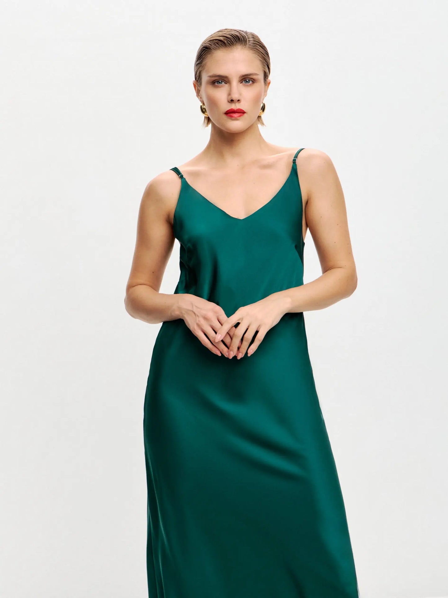 Malachite maxi double-layered satin slip dress with V-neck ’Marigold’