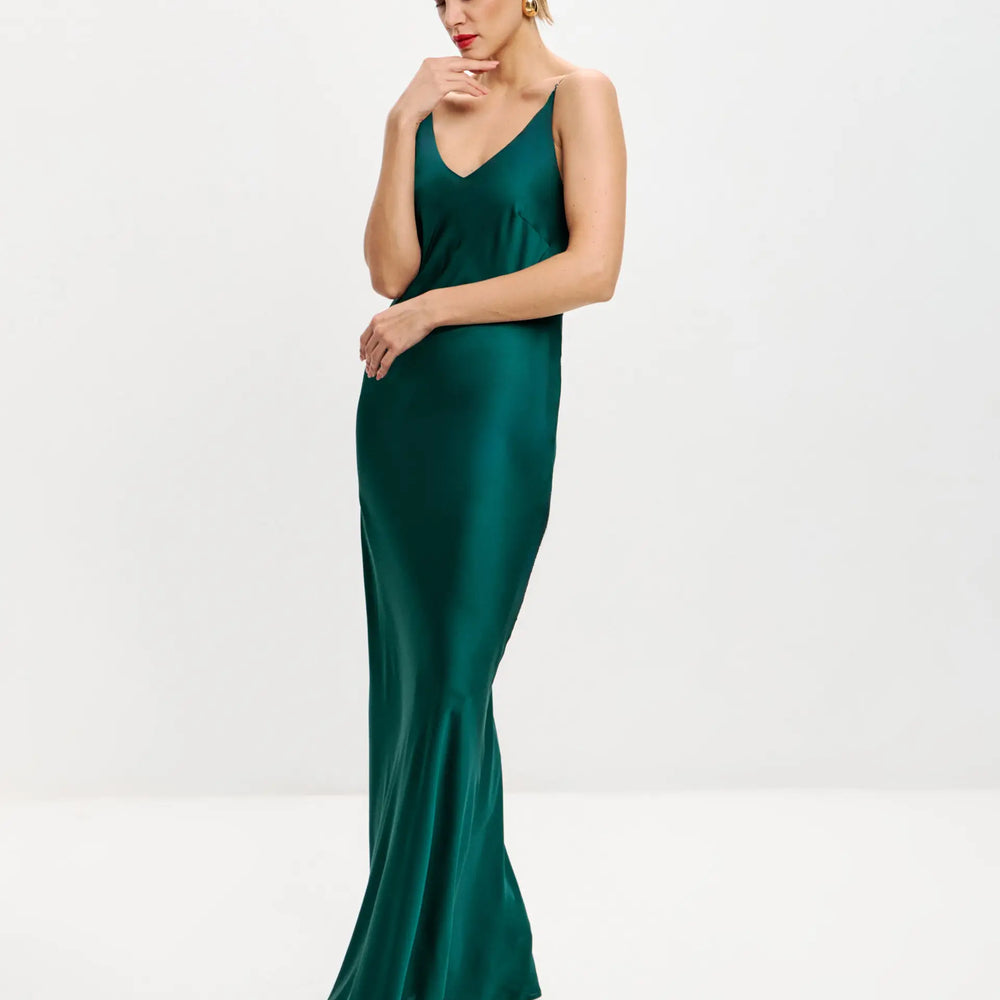 Malachite maxi double-layered satin slip dress with V-neck ’Marigold’