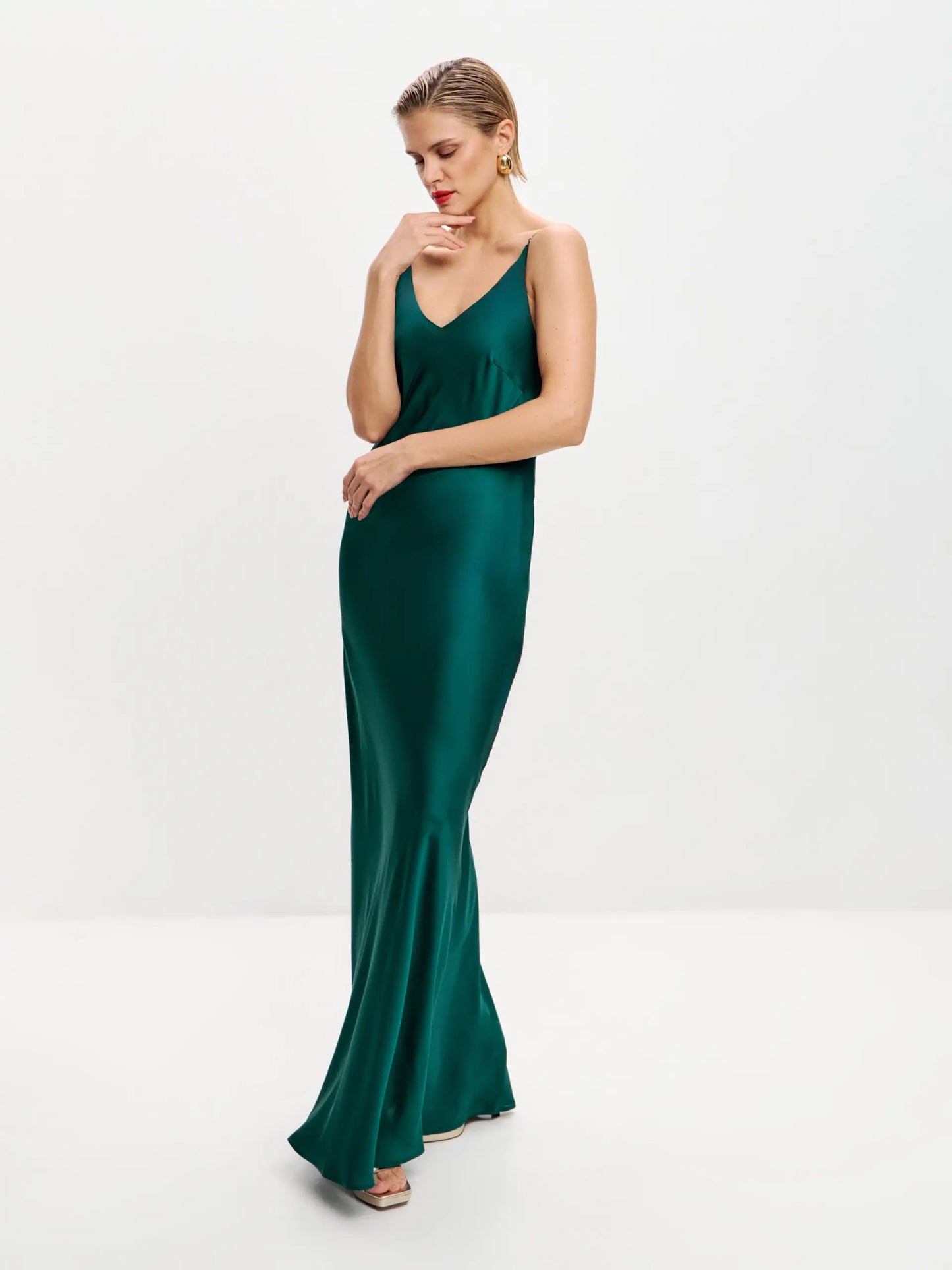 Malachite maxi double-layered satin slip dress with V-neck ’Marigold’