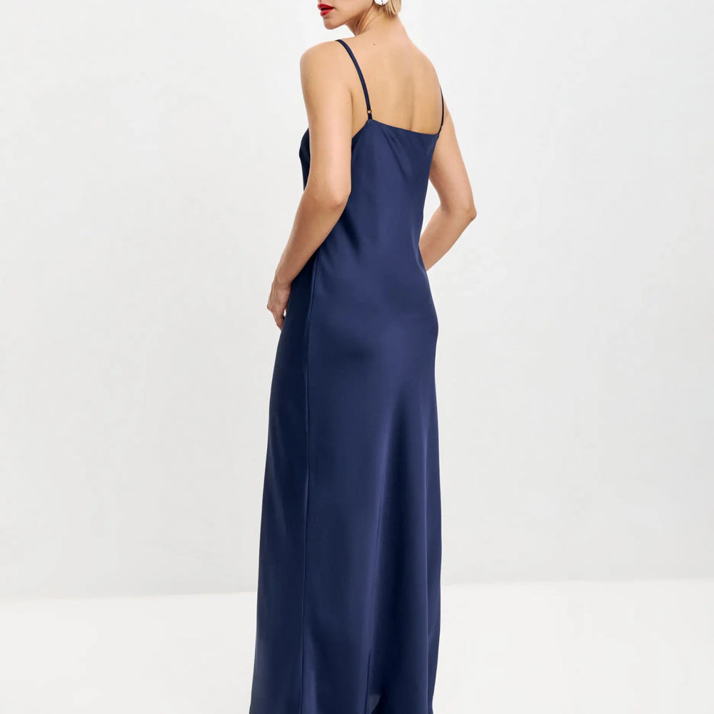 
                  
                    Navy blue maxi double-layered satin slip dress with V-neck ’Marigold’
                  
                