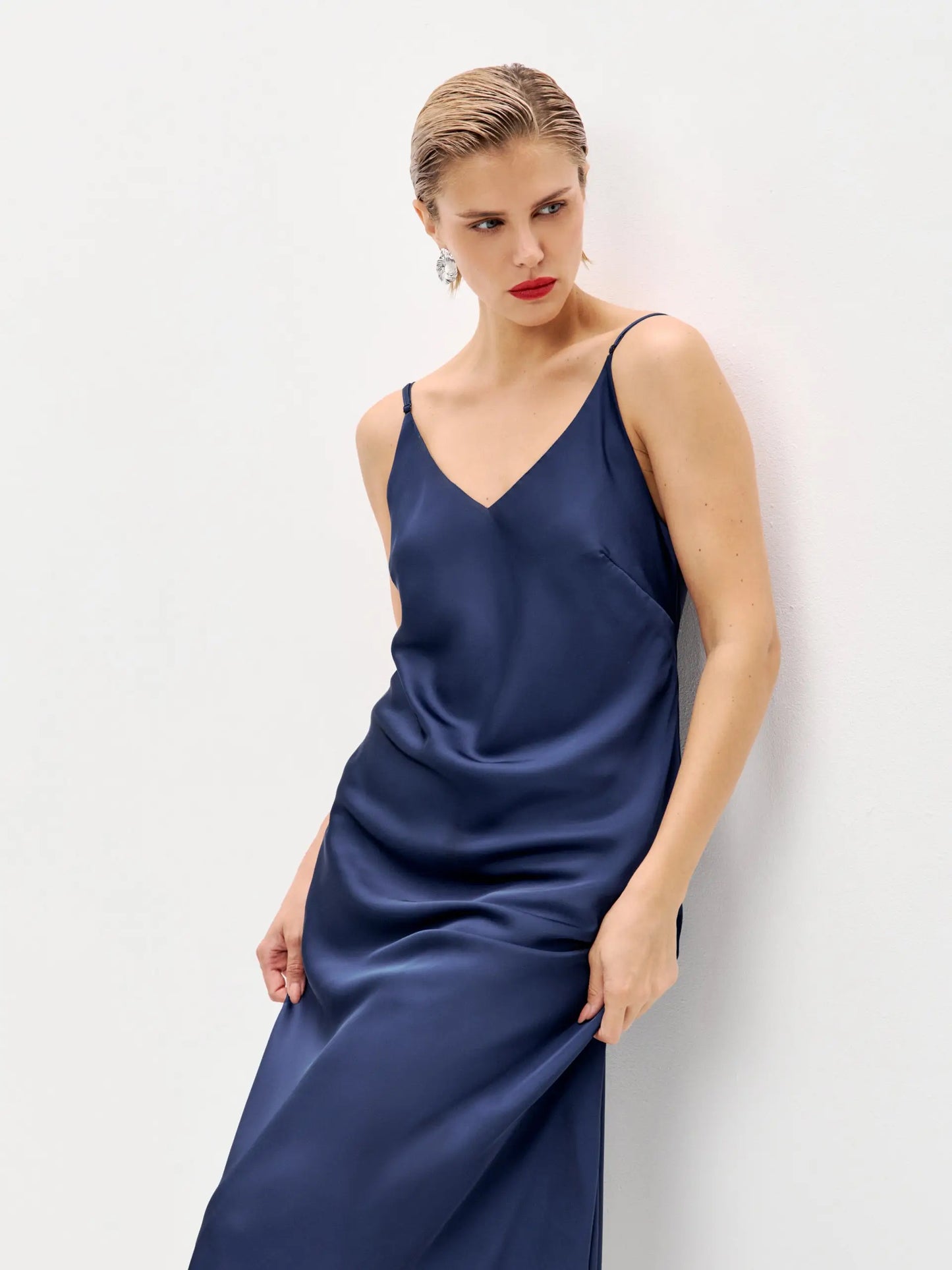navy blue slip dress Navy blue maxi double-layered satin slip dress – Serena Silueta