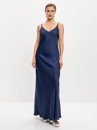 Navy blue maxi double-layered satin slip dress with V-neck ’Marigold’