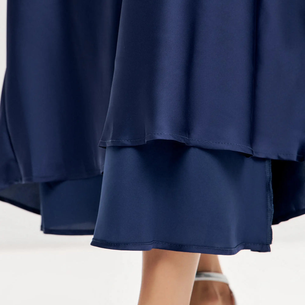 
                  
                    Navy blue maxi double-layered satin slip dress with V-neck ’Marigold’
                  
                