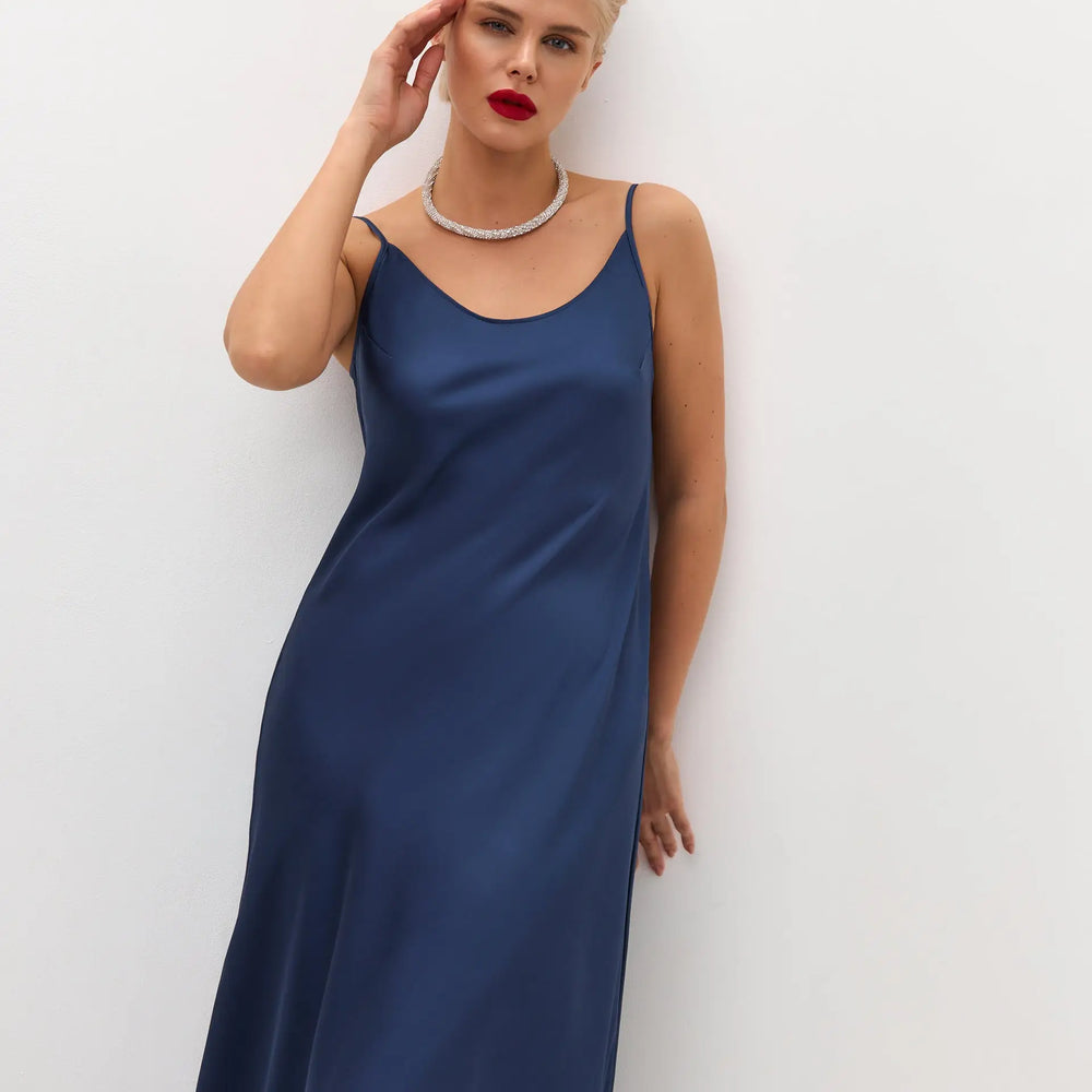 dark blue slip dress Navy blue maxi satin slip dress 'Serene'