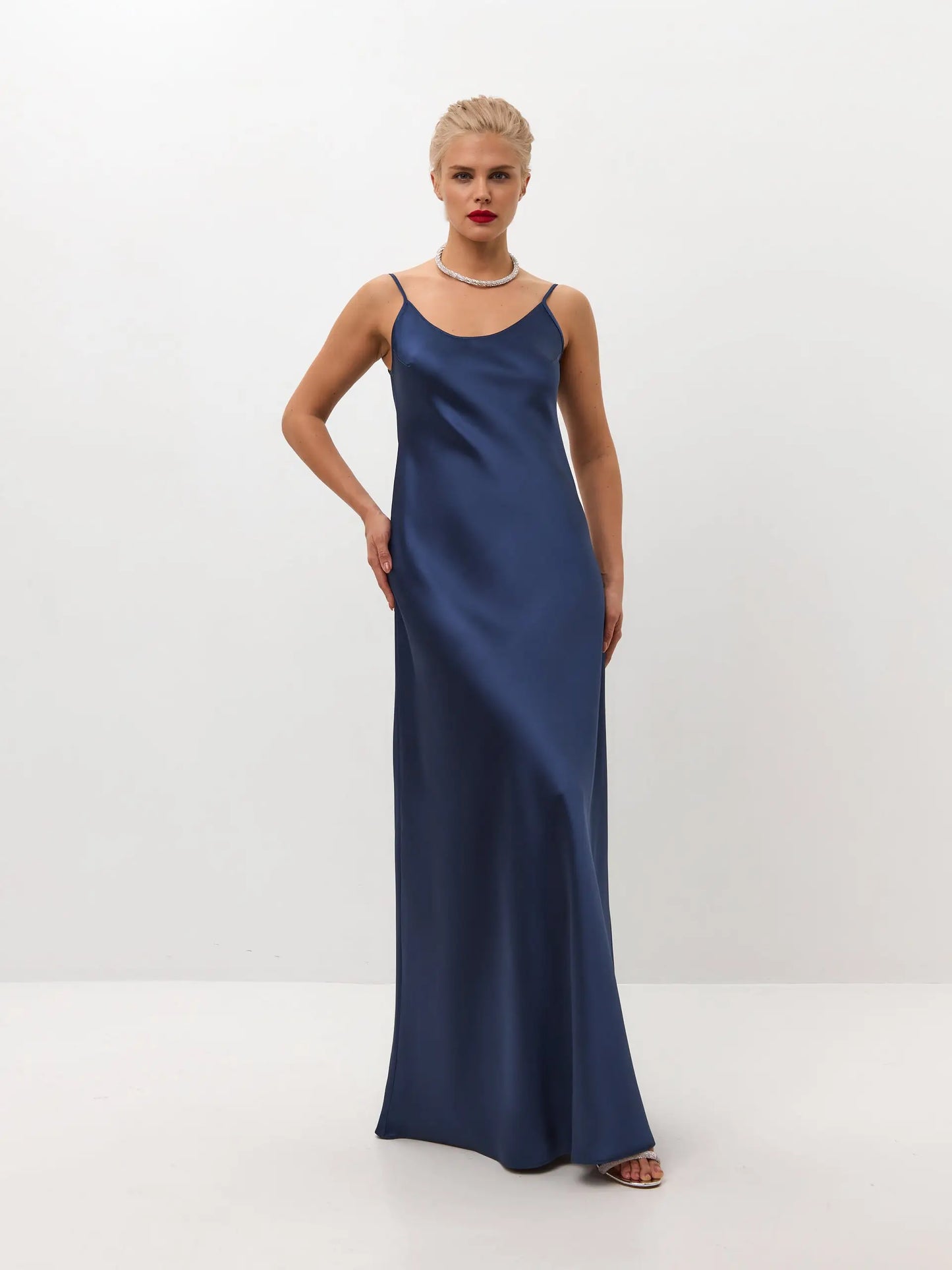navy blue slip dress Navy blue maxi satin slip dress 'Serene'