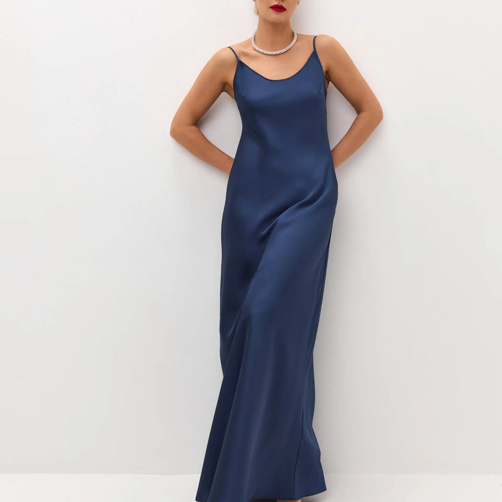 navy blue silk slip dress Harper Navy Cowl Neck Slip Dress Navy Blue Silk Slip Dress With Cowl Neck, Elegant Spaghetti Strap