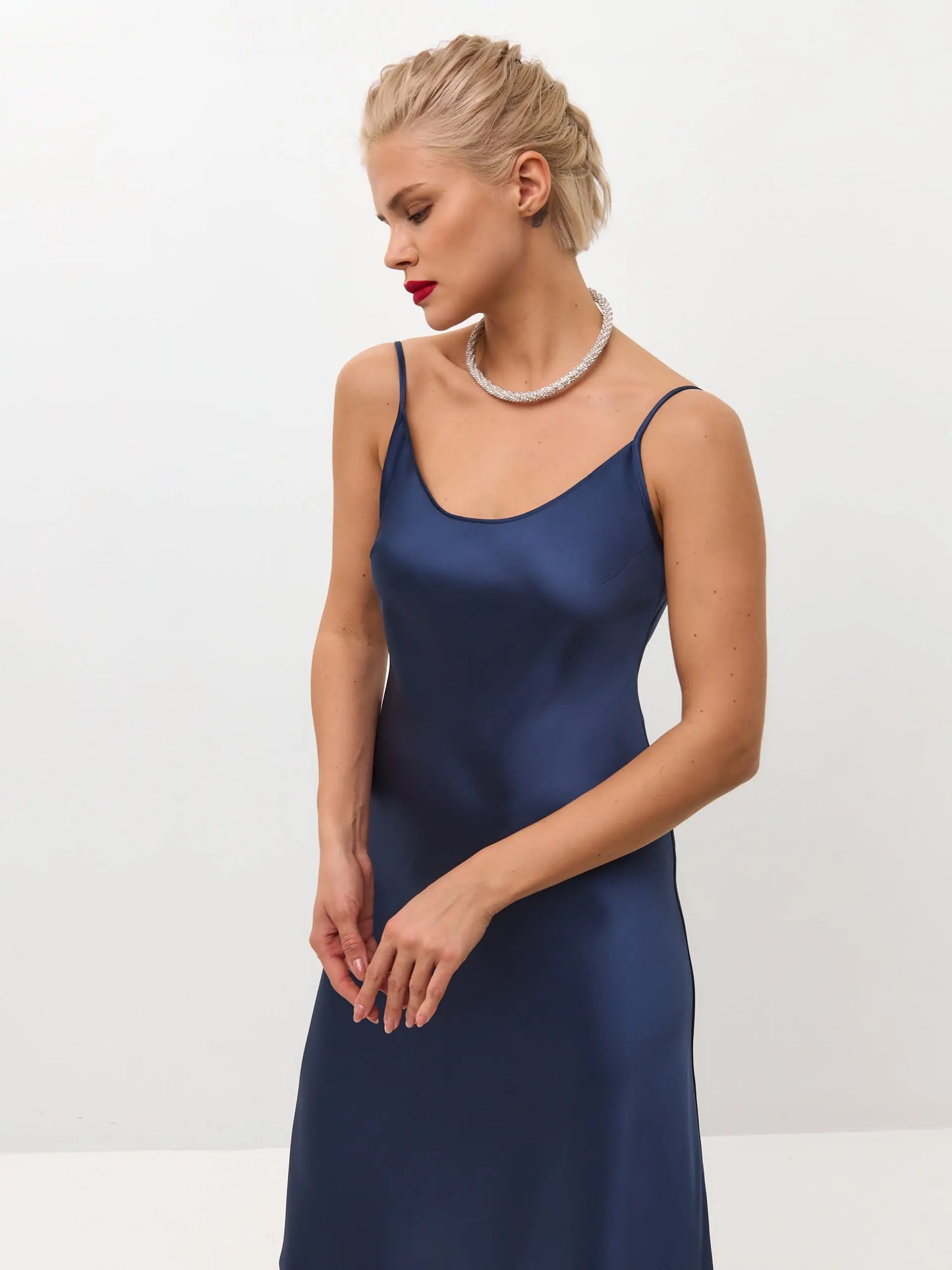 Navy blue maxi satin slip dress 'Serene' Navy blue maxi satin slip dress 'Serene'