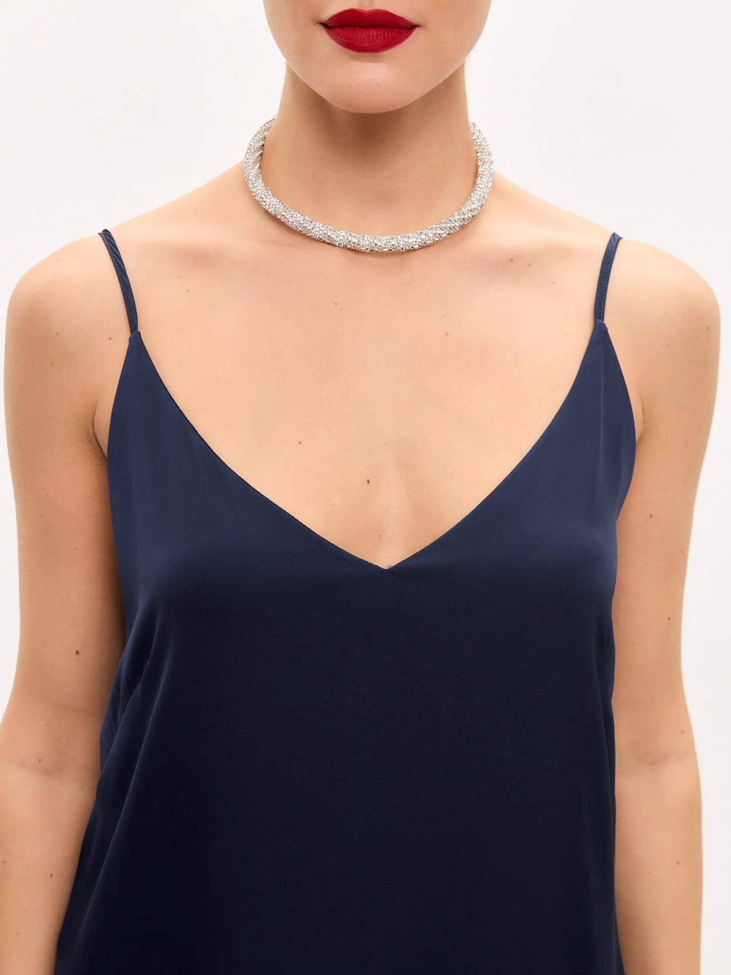 navy blue dress with pearl necklace Young Woman Strict Blue Dress Pearl Stock Photo 430861363